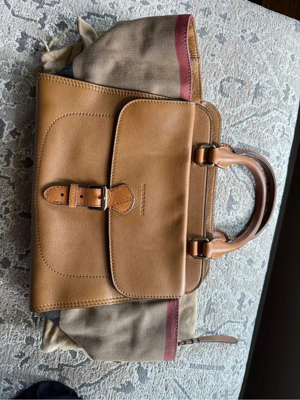 Burberry Brown Leather Buckle-Front Top-Handle Briefcase with Canvas Sides